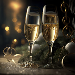New Year's celebration with two glasses of champagne and garland