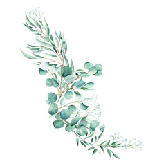 Eucalyptus garland bouquet isolated on white background. Rustic style. Eucalyptus, gypsophila, pistachio branches. Hand drawn watercolor botanical illustration. For wedding, birthday, greeting cards