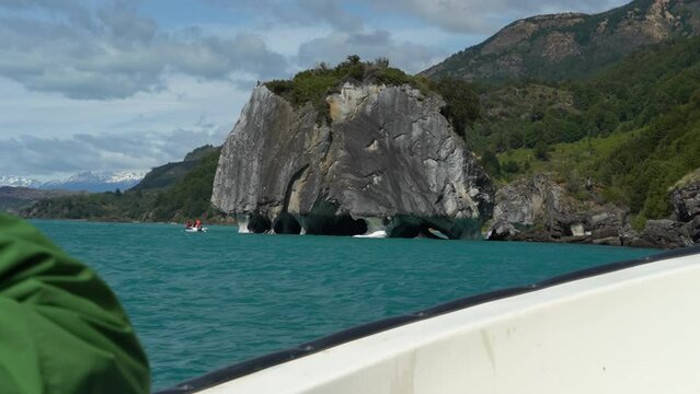 motor boat tourist trip to the marble caves, capillas de marmol, at the lago general carrera along the carretera austral in Chile, Patagonia