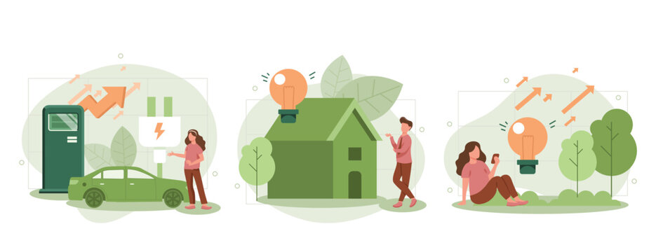 Green energy illustration set. Characters showing eco private house, electric car and green circular economy benefits. Renewable energy concept. Vector illustration.