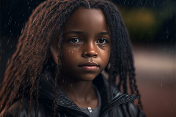 beautiful fictional girl, child in a raining park , girl with brown eyes and long hair, generative ai, generative art, 