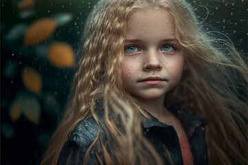 beautiful fictional child in a raining park, girl with blue eyes and blonde hair, generative ai, generative art