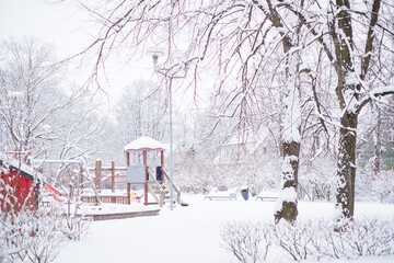 Naklejka premium Major snowfall. Everything covered under snow. Winter weather.