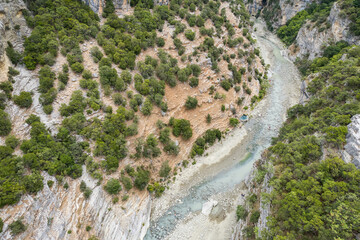 Aerial view of thermal springs in Canyon Langarica in Albania, Europe, Summer 2022