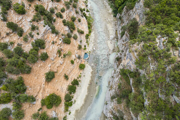 Aerial view of thermal springs in Canyon Langarica in Albania, Europe, Summer 2022