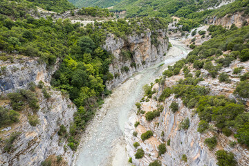 Aerial view of thermal springs in Canyon Langarica in Albania, Europe, Summer 2022
