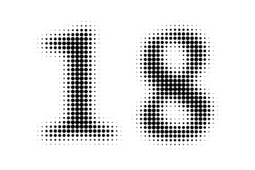 Number 18 Halftone. Pop art style. Halftone dotted backdrop. Design for web banners, wallpaper,sites vector illustration. Abstract Halftone Dotted Number.