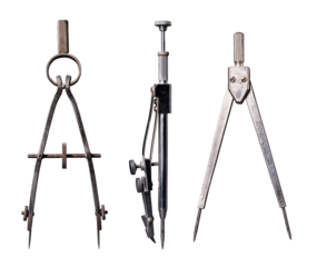 Three types of different compasses for drawing circles on an isolated background.