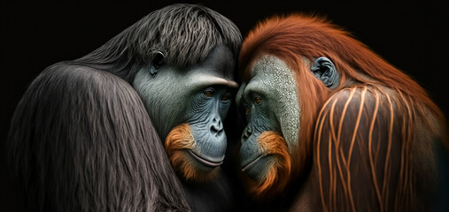 An orangutan love couple, both faces close together. Sweet orangutan family portrait. Wild beauty of a human-like monkey.	
