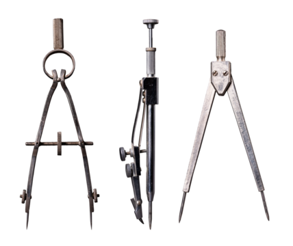 Three types of different compasses for drawing circles on an isolated background.