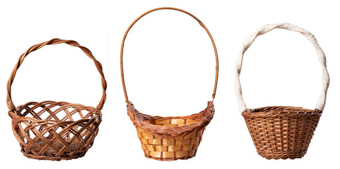 Three different wicker baskets on an isolated background.