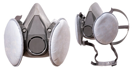 Dust mask for production workers with replaceable filters on an isolated background.