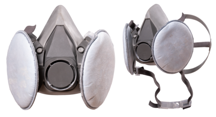 Dust mask for production workers with replaceable filters on an isolated background.