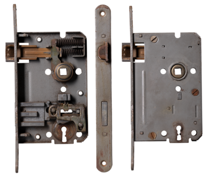 Old door lock insert. Isolated background.