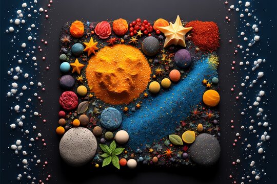 a picture of a colorful art work made of rocks and stones and stars and planets and a river surrounded by stars and bubbles.