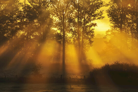 Sun Shining through Trees with Morning Mist, Flieden, Hesse, Germany