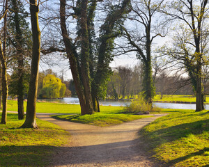 Forked Path in Park Schonbusch in Spring, Aschaffenburg, Spessart, Lower Franconia, Bavaria, Germany