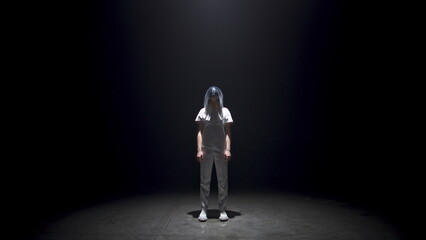 Fototapeta premium Fashionable girl posing dark background. Futuristic metaverse model in light.