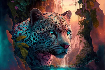 Foto op Plexiglas Mystical pink fantasy jaguar with blue eyes in tropical jungle © Metamorphascend
