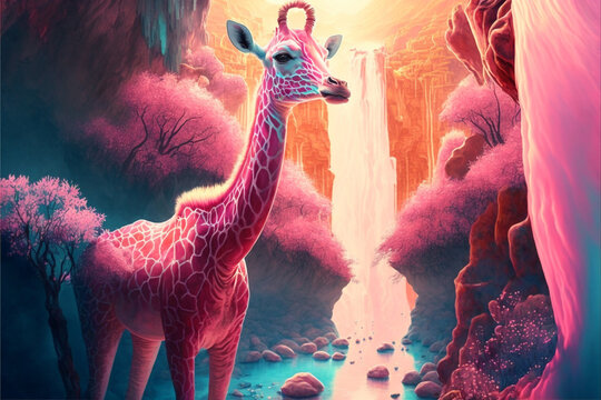 Pink fantasy alien giraffe with mystical waterfall forest © Metamorphascend