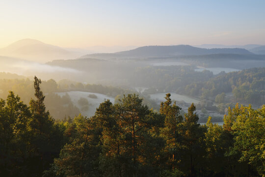Landscape on Autumn Morning, Hochstein, Dahn, Dahner Felsenland, Pfalzerwald, Rhineland-Palatinate, Germany