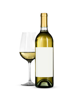 Transparent PNG White Wine Bottle with Blank Label and Gold Foil Capsule Seal and Glass.