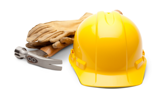 Transparent PNG Yellow Hard Hat, Work Gloves and Hammer.