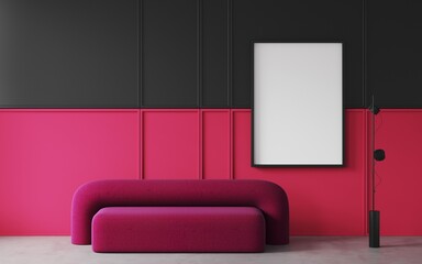 Modern living room with viva magenta paneling on the wall, ruby color sofa, black frame mock up on wall Decorative wall with embossed panels.2023 colour wall. Empty wall blank for art.3d rendering