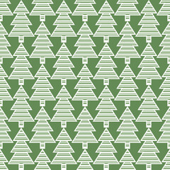 Monochrome green and white seamless vector pattern with striped Christmas trees on green background. Abstract geometric design for wrapping paper, interior decoration and stationary.
