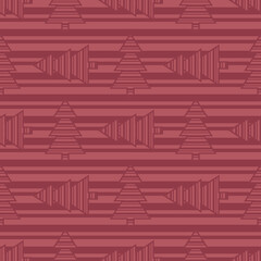 Monochrome red seamless vector pattern with striped Christmas trees on striped background. Abstract geometric design for wrapping paper, interior decoration and stationary.