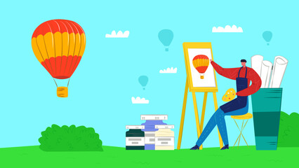 Painting man character in arpon, art therapy, vector illustration. Paint passion, performance result for healthcare web page. Trendy therapy