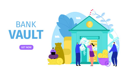 Financial saving, finance dollar currency in bank vault, vector illustration. Worker at credit counter web page, landing banner concept.