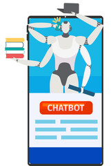 Chatbot online technology, vector illustration. Virtual mobile communication concept, artificial intelligence in smartphone, web page.