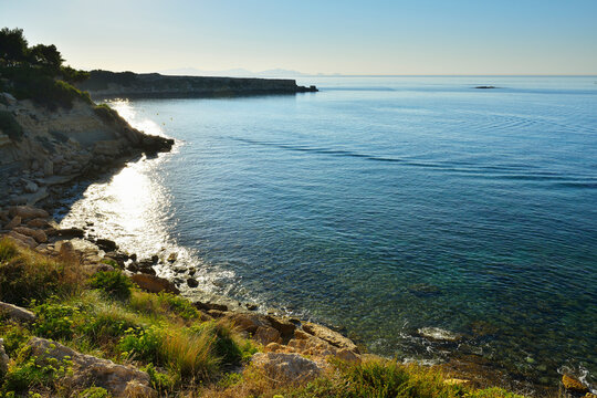 Stone Coast with Sea, La Couronne, Martigues, Cote Bleue, Mediterranean Sea, Bouches-du-Rhone, Provence-Alpes-Cote d'Azur, France