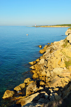 Stone Coast with Sea, Anse de la Beaunderie, La Couronne, Martigues, Cote Bleue, Mediterranean Sea, Bouches-du-Rhone, Provence-Alpes-Cote d'Azur, France