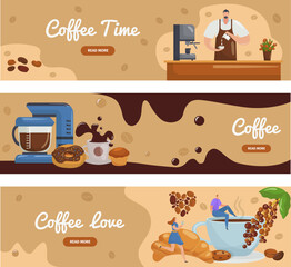 Coffee time banner concept, vector illustration. Cartoon people character at business design, coffee break together. Template page with cafe