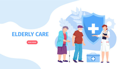 Doctor care about elderly people character, vector illustration. Flat medical help for old patient health in hospital service, landing banner.