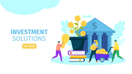 Business investment solution, vector illustration. Man woman character in huge money tree, growth idea success concept. Corporate dollar plant