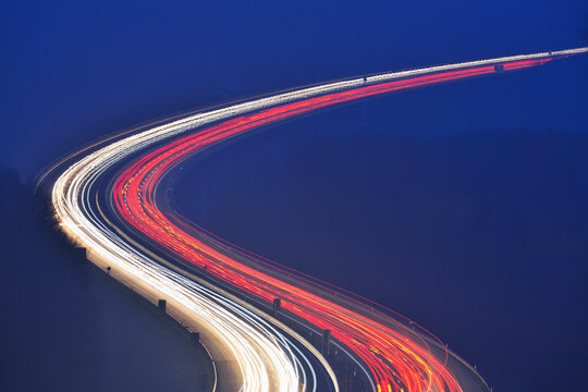 Light Trails on Highway A3 at Night, Haseltal, Rohrbrunn, Spessart, Bavaria, Germany