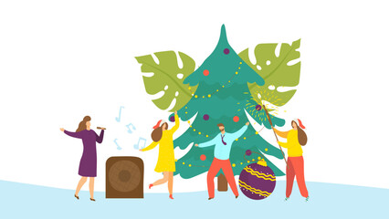 New year party celebration, vector illustration. Cartoon people character at christmas holiday, web page concept. Happy greetings at festive time