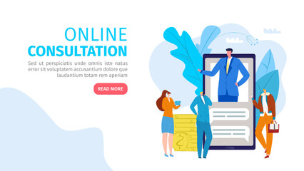 Online consultation at smartphone, vector illustration. Man woman person charcater use business consultant service landing page.