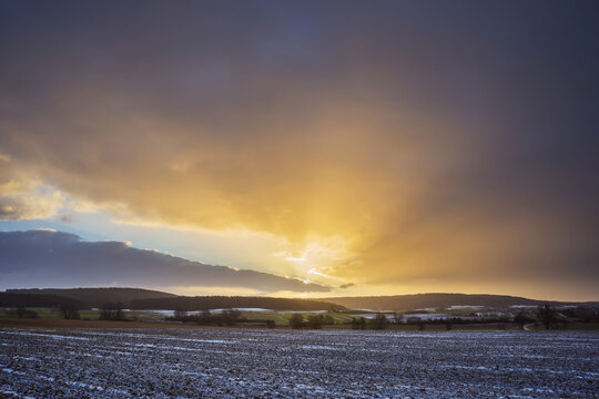 Field Landscape at Sunrise in the Winter, Dietersdorf, Coburg, Bavaria, Germany