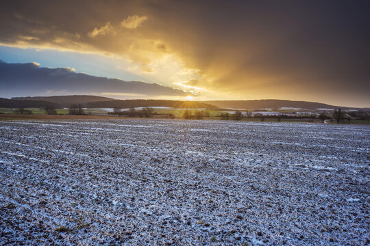 Field Landscape at Sunrise in the Winter, Dietersdorf, Coburg, Bavaria, Germany