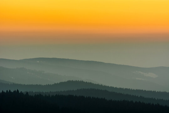 Low Mountain Landscape with Horizon Lines at Dusk, Altenau, Harz, Lower Saxony, Germany
