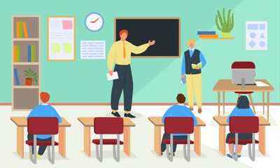 School education with teacher, english lesson at class vector illustration. Boy girl pupil charcater learn and get knowledge.
