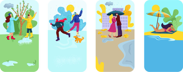 Season time, mobile landing set vector illustration. Winter, spring, summer, autumn day scene and seasonal weather. Man woman character at ecology