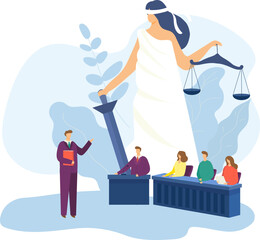 Lawyer service web page, vector illustration. Business law for office person character landing banner, company work with client.