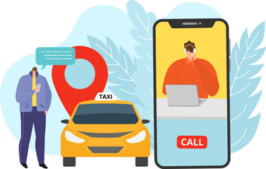 Taxi service with smartphone call or mobile application vector illustration. Transportation order in gps app, web page. People man character