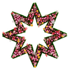 Beautiful christmas graphic element of sparkling illumination on star shaped pine with snowflake and shiny stars and red berries on transparent background (RGBA 3D Rendering PNG)