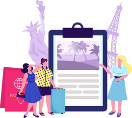 Travel agent business concept, vector illustration. Man woman couple character design insurance at company, landing banner. Flat safety in journey